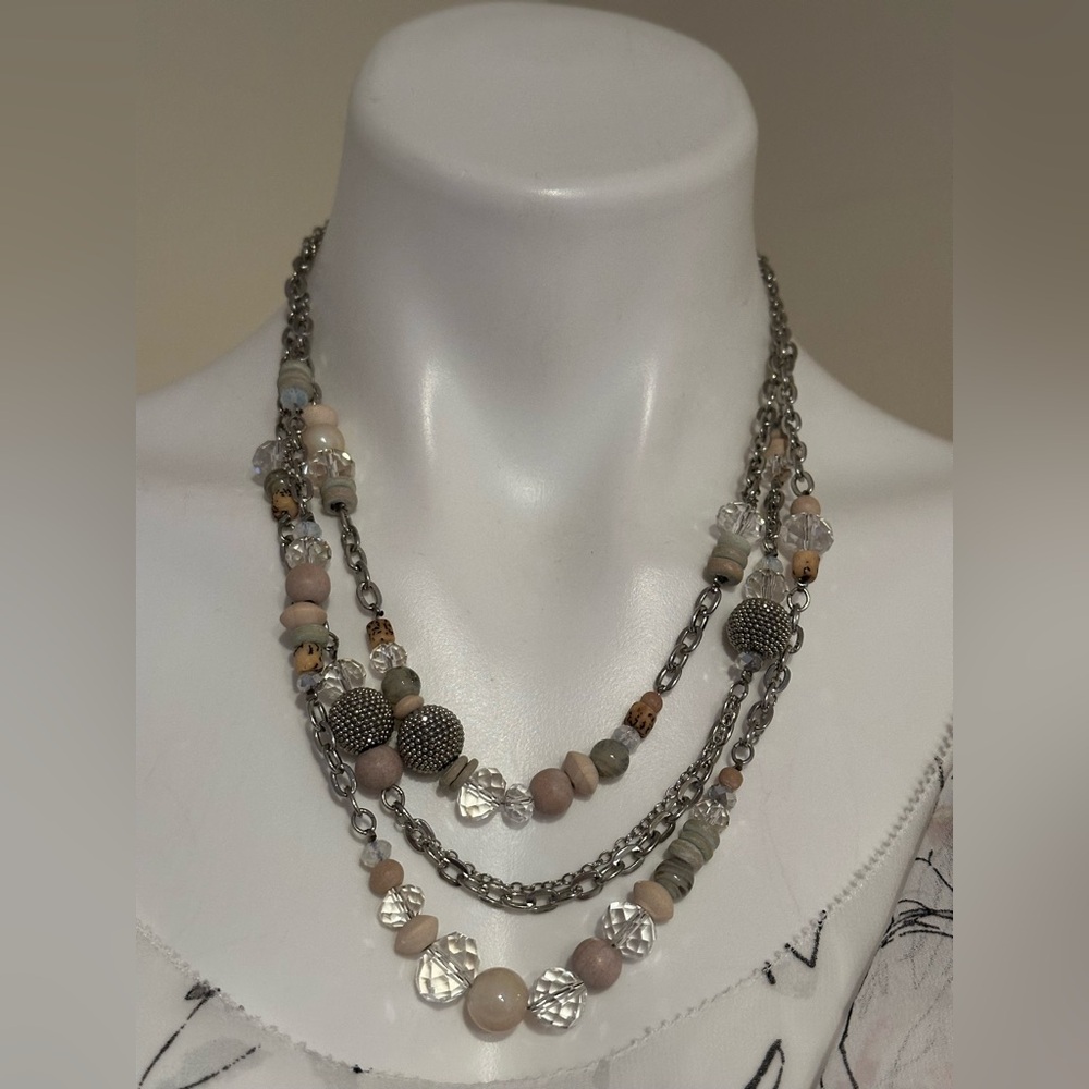 LOFT Signed Multi-Layered Necklace Clear Beige Beads Silver Tone Boho Jewelry